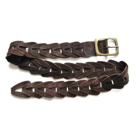 Vintage Dark Brown Belt Braided Suede Interlocking Links Unisex Leather S / M - Picture 2 of 5